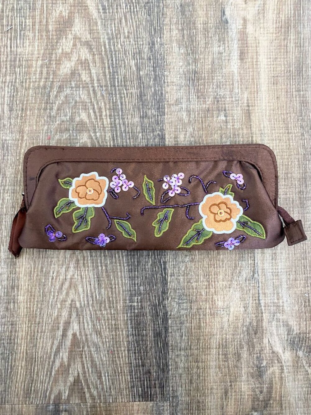 Vintage Brown Satin Clutch w/ Beading and Sequins / Y2K / 10.5 x 4.5 in